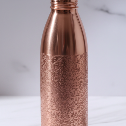 Pure Copper Water Bottle – Floral Engraved Design 1000ml | Ayurvedic Tamra Jal