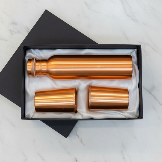 Pure Copper Gift Set – Smooth Bottle & 2 Glasses | Ayurvedic Tamra Jal