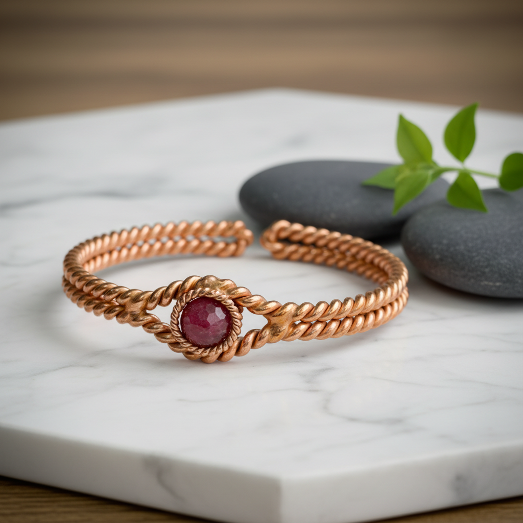 Copper Tensor Bracelet – Red Quartz Crystal & Ra-Mu Cubit Energy Generator