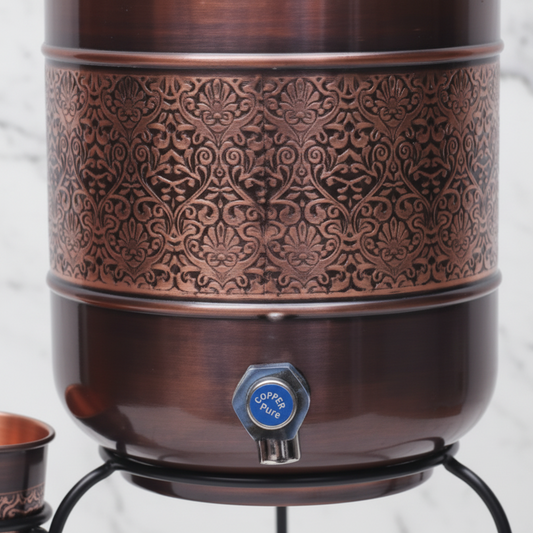 Pure Copper Water Dispenser with Glass and Stand Antique Engraved Combo