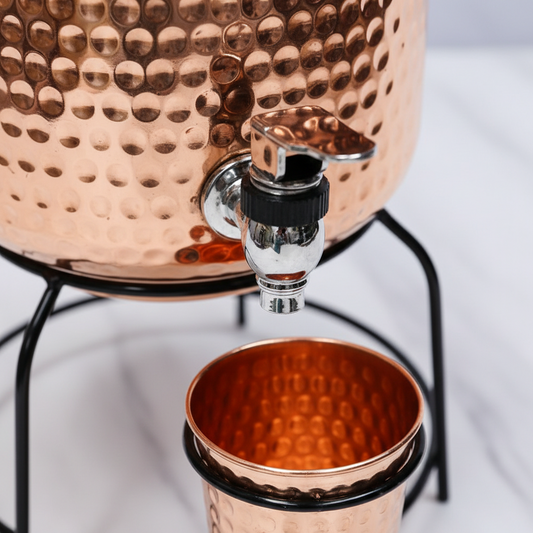 Pure Copper Hammered Water Dispenser (Matka) Combo – 5L with Stand & Glass