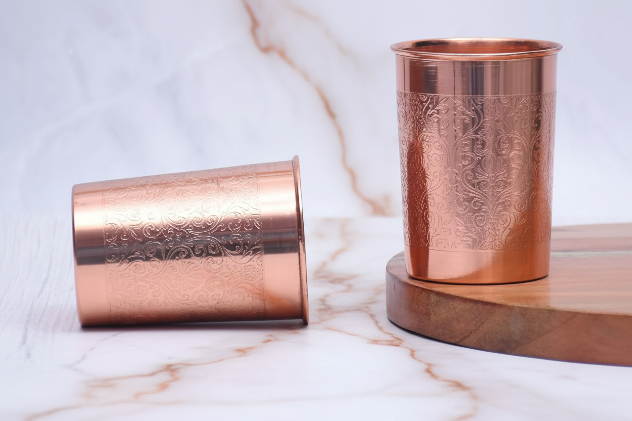 Pure Copper Engraved Tumbler Glass – Set of 2 | 300ml