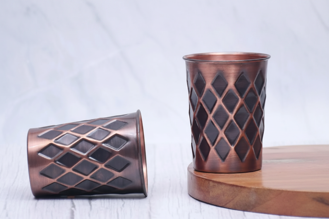 Pure Copper Antique Diamond Tumbler Glass – Set of 2 | 300ml