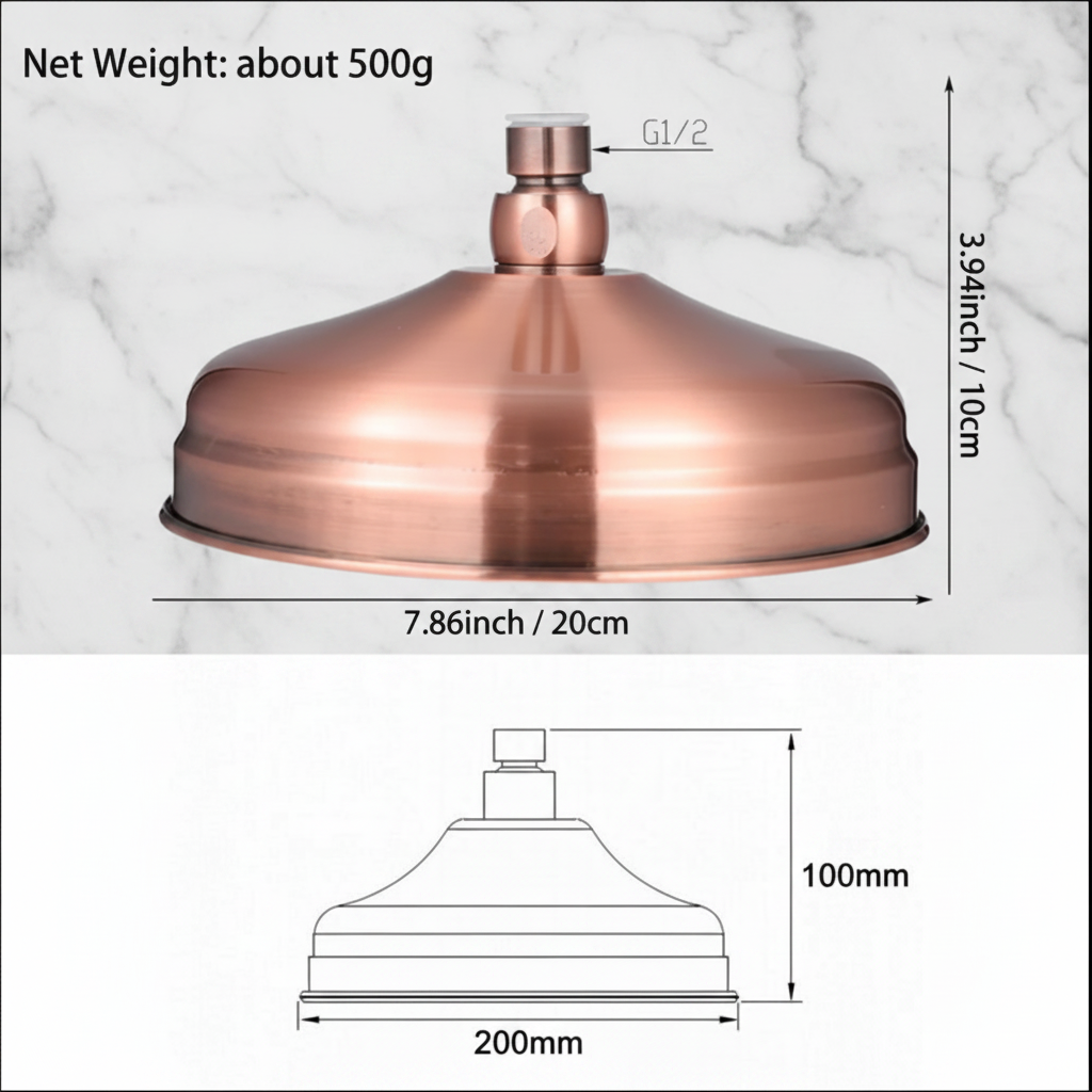 8 Inch Round Rainfall Shower Head | Antique Red Copper | Brass | Wall Mount Set