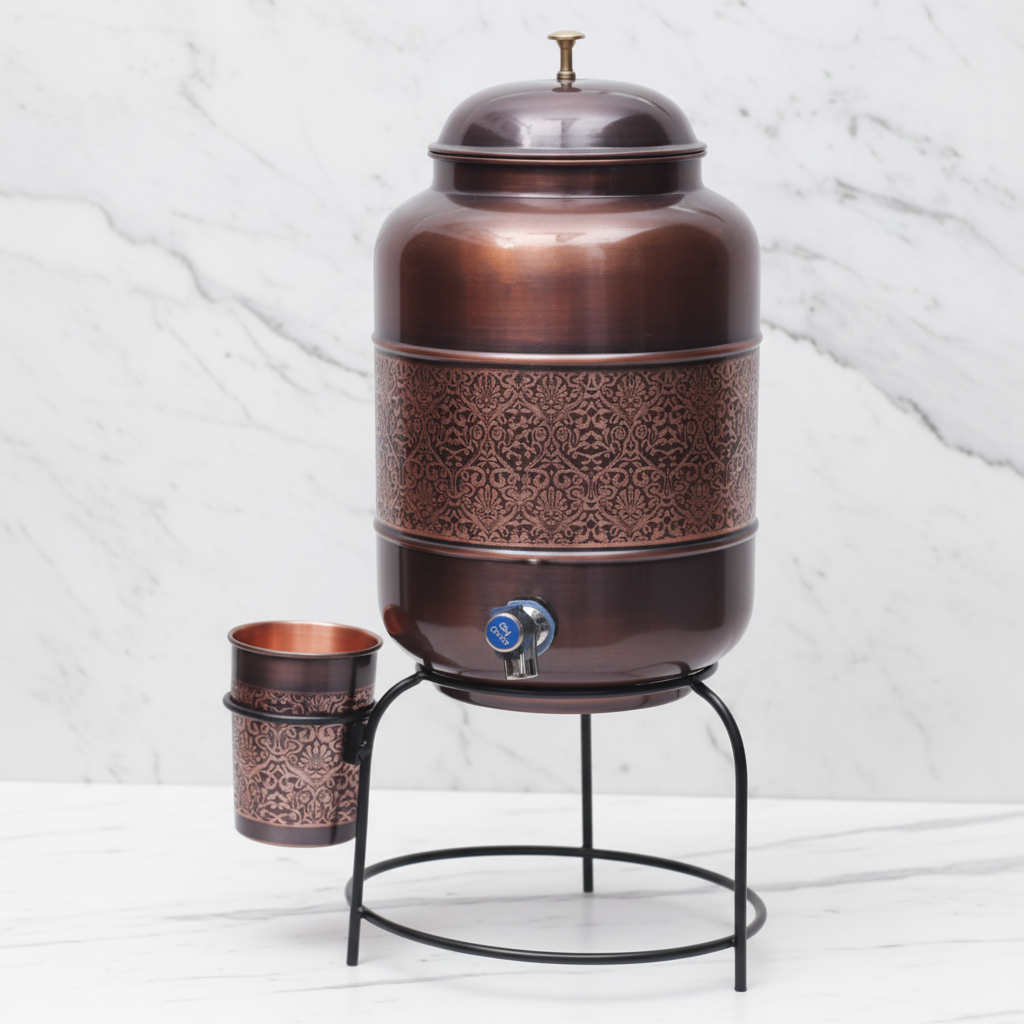 Pure Copper Water Dispenser with Glass and Stand Antique Engraved Combo