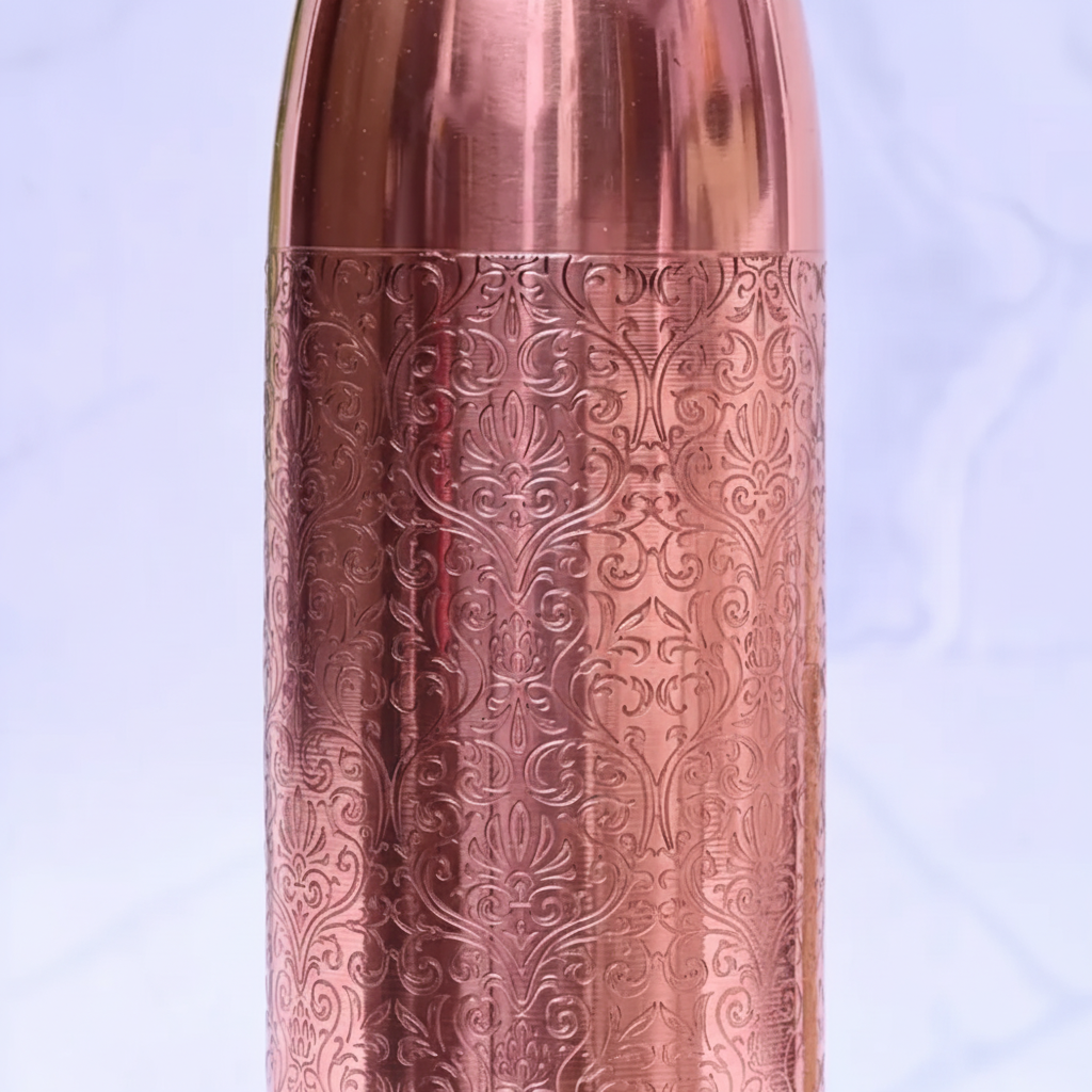 Pure Copper Water Bottle – Floral Engraved Design 1000ml | Ayurvedic Tamra Jal