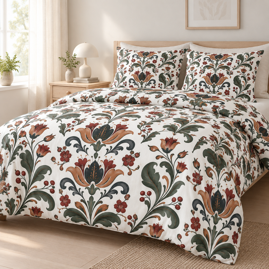 Vintage Folk Floral Cotton Duvet Cover Set with 2 Shams