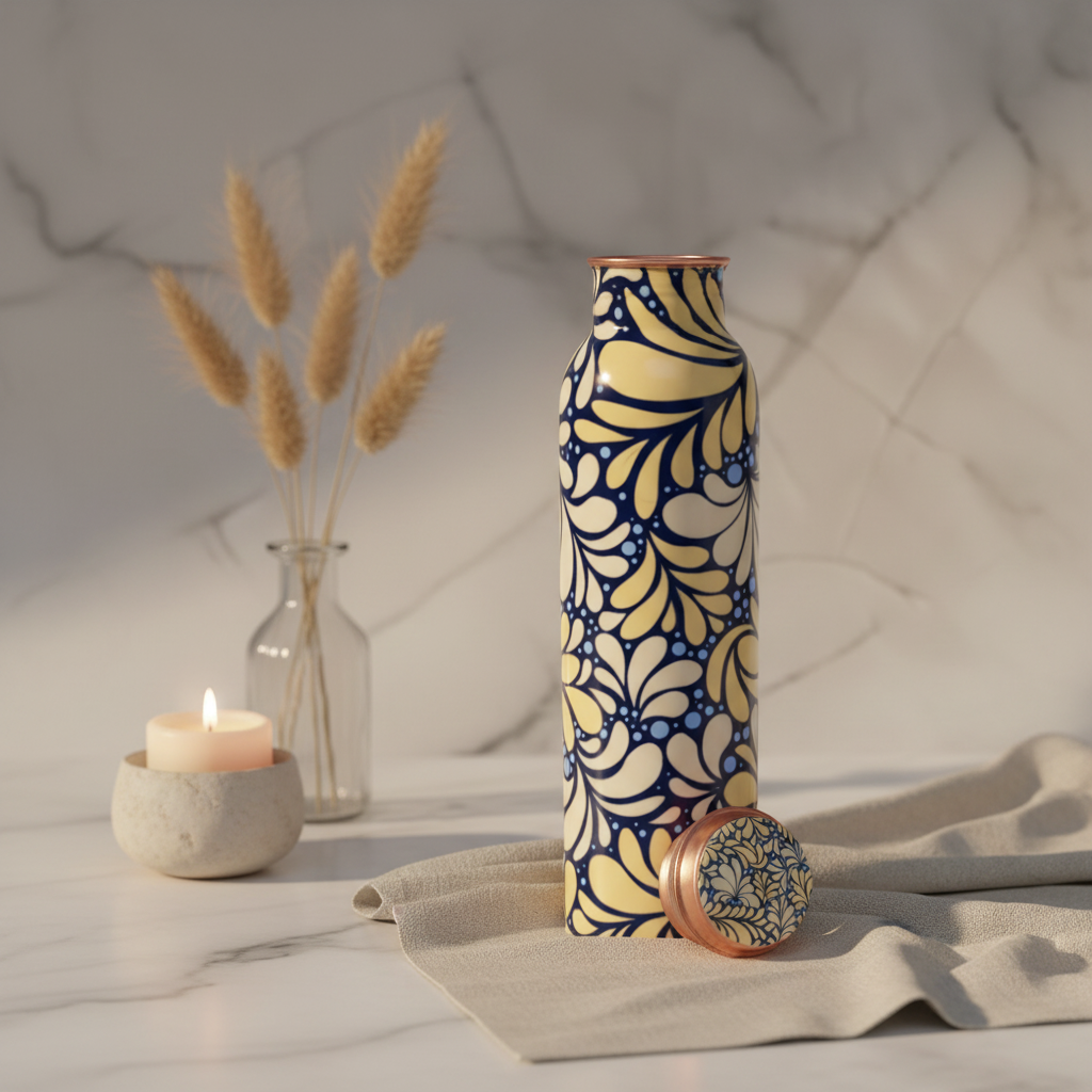 Blue & Ivory Design Printed Copper Water Bottle | 1000 ML | Pure Copper | Leak-Proof