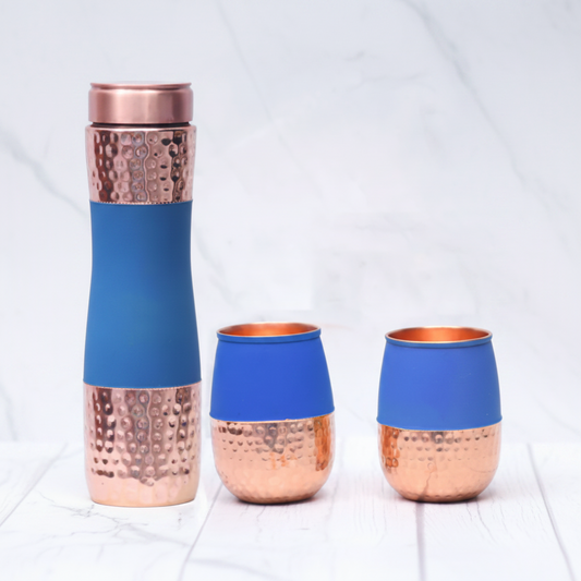 Silk Finish Half Hammered Copper Bottle with 2 Tumblers | Set of 3 | 1450 ML | 5 Colours