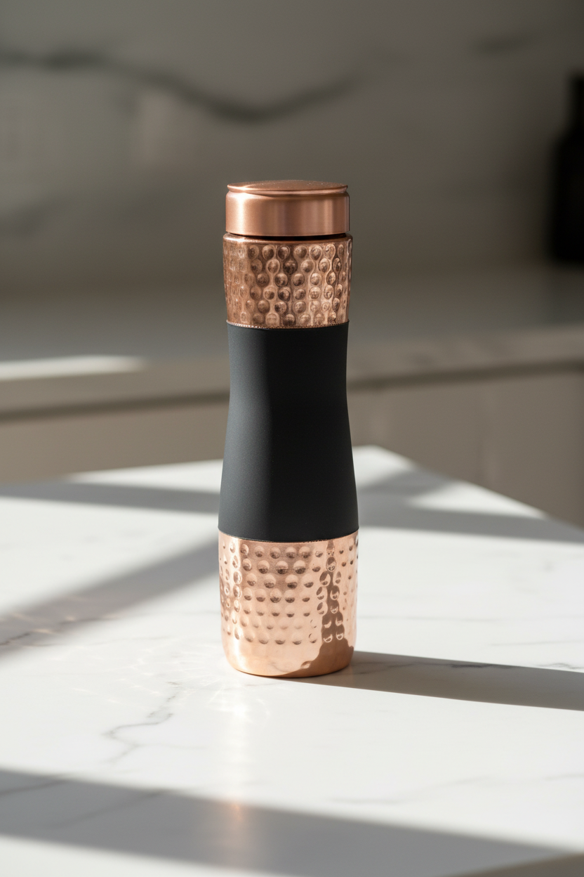 Pure Copper Water Bottle Set of 4 | Red, Green, Blue & Black | 1 Litre Each | Silk Matte Hammered