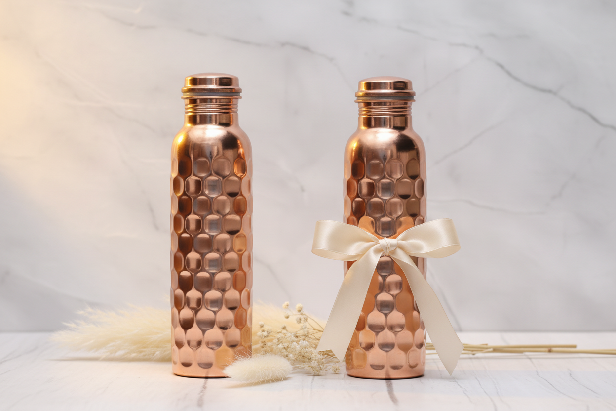 100% Pure Certified Copper Water Bottle – Heavy Brick Hammered / Honeycomb Design 1000ml