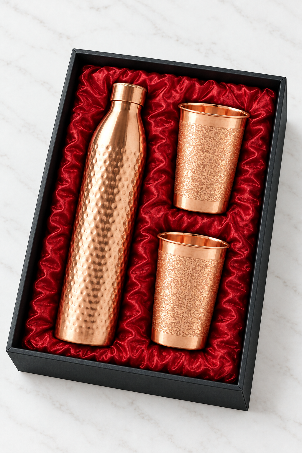 Nordic Christmas Copper Gift Set | Hammered Bottle & 2 Floral Tumblers