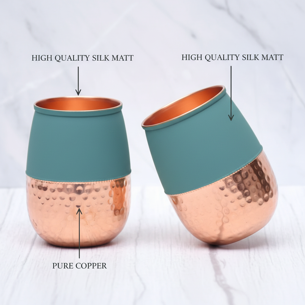 Pure Copper Silk Green Half Hammered Dholak Tumbler – Set of 2 | 250ml