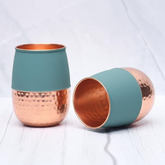 Pure Copper Silk Green Half Hammered Dholak Tumbler – Set of 2 | 250ml