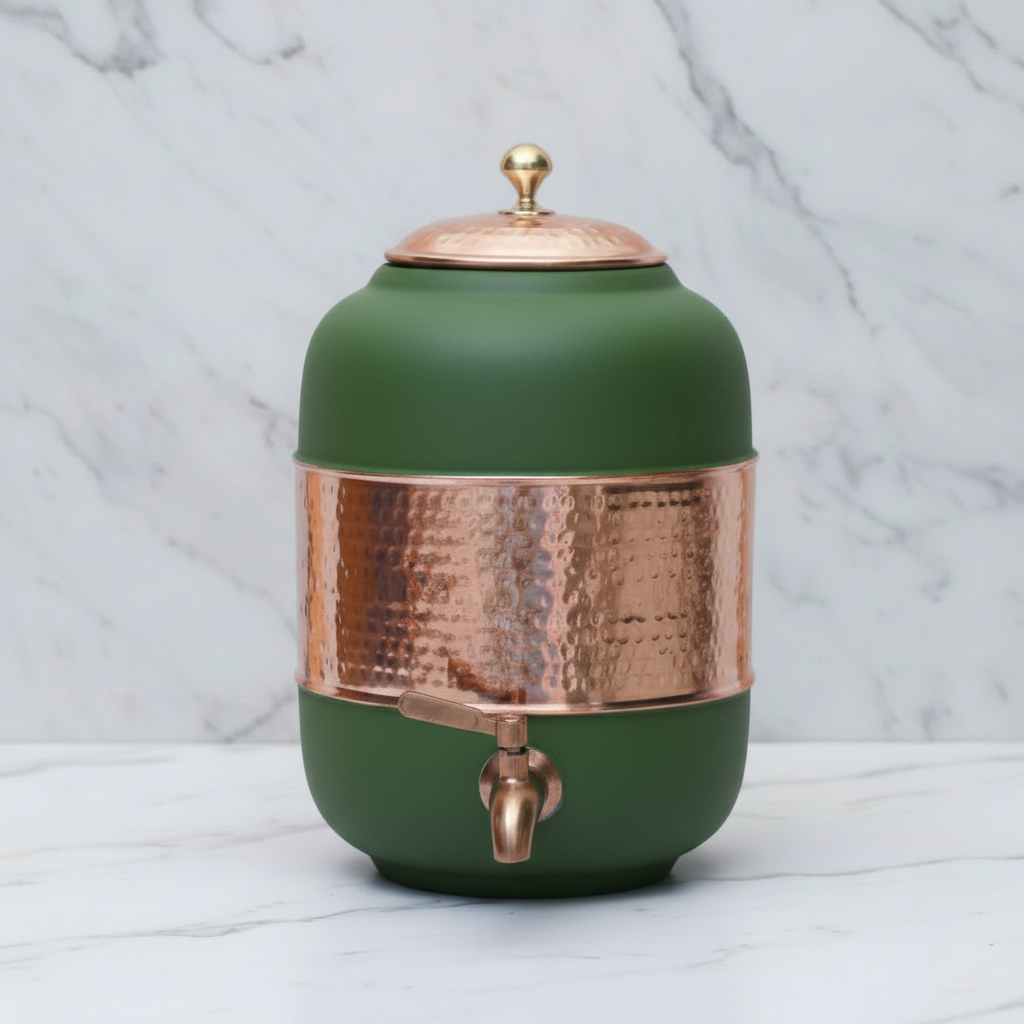 Pure Copper Water Dispenser – Silk Finish & Half Hammered | 5L & 8L | Red, Blue, Green, Yellow, Black, Gray