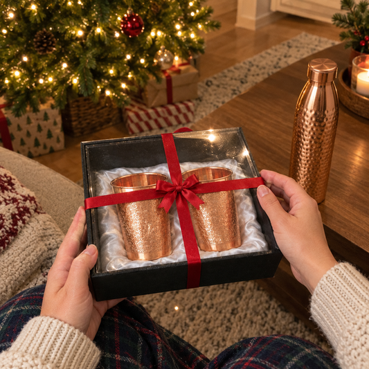 Nordic Copper Christmas Gift Set | Hammered 1L Bottle & Floral Engraved Tumblers