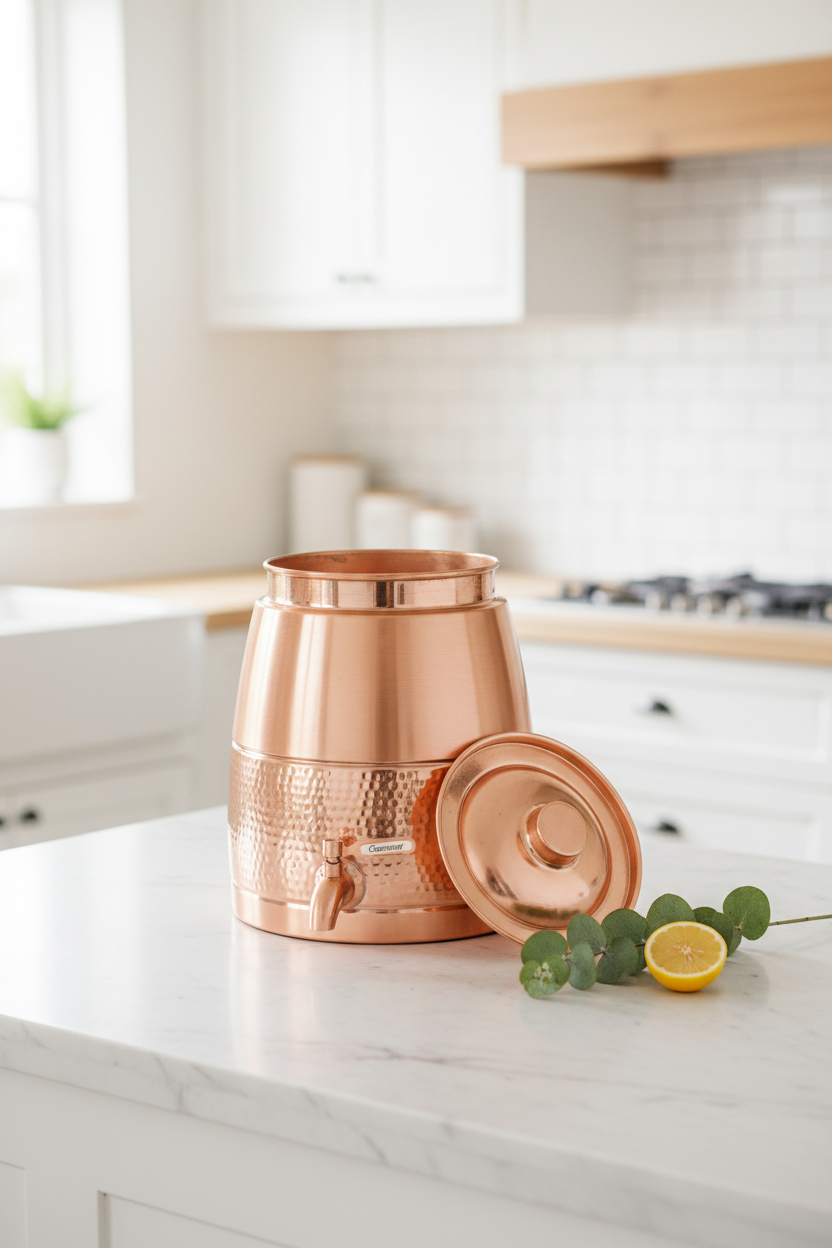 Pure Copper Half-Hammered Barrel Dispenser 8L | Ayurvedic, Handcrafted