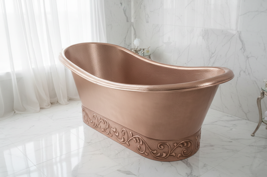 Albania copper bathtub angled view leaf motif base detail