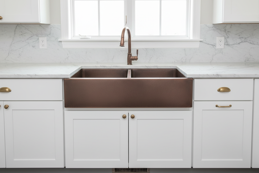 Copper double bowl apron sink front view full apron