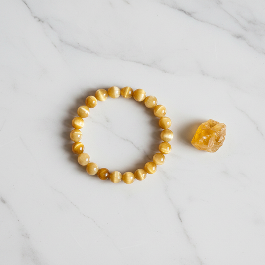 Cat's eye bracelet flat lay with crystal