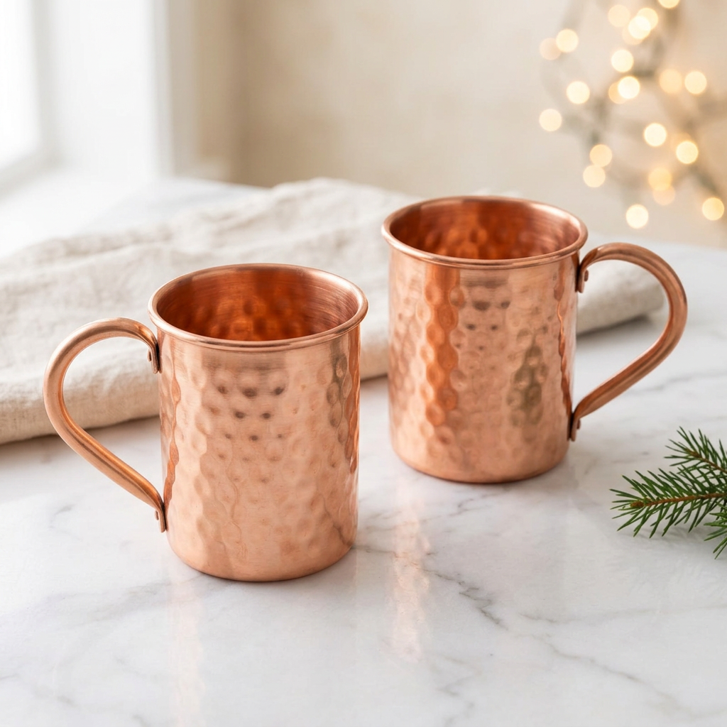 Staggered copper drinking cup pair on marble with linen and fir