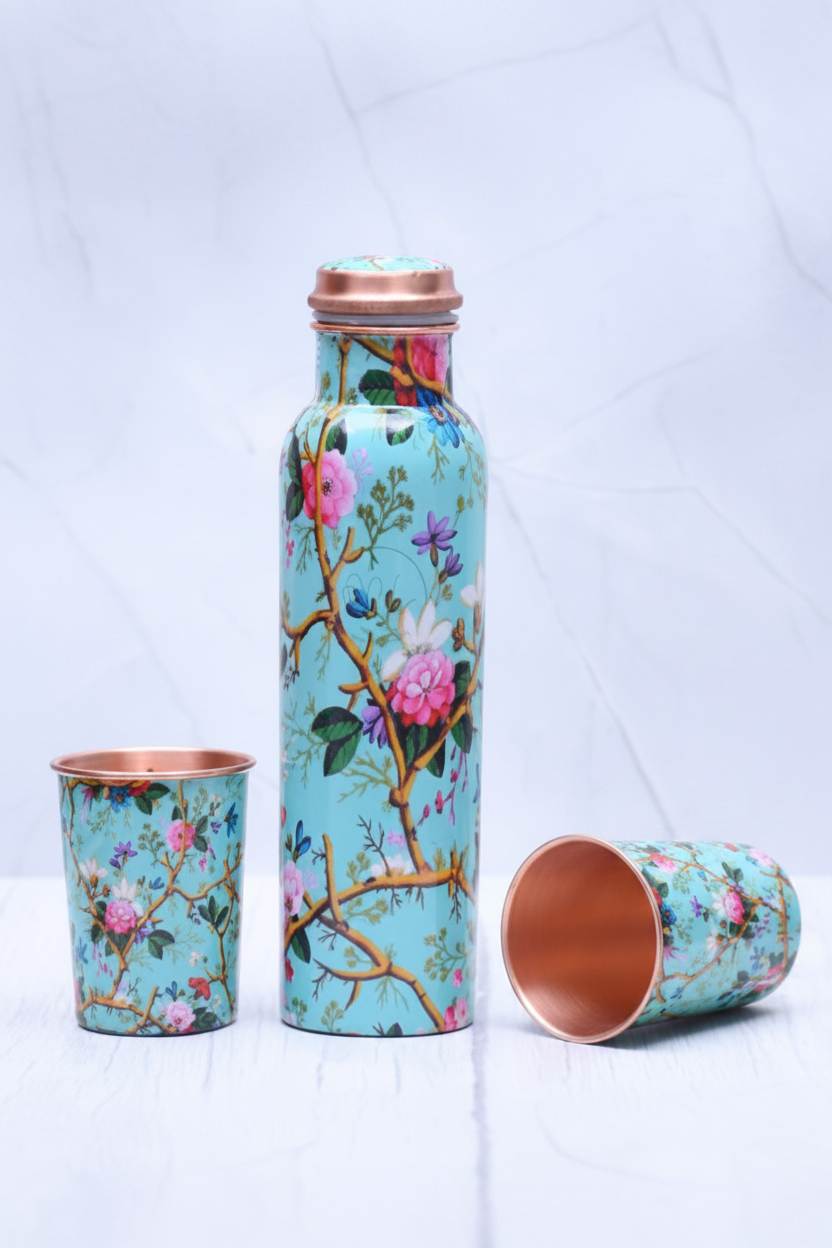 Pink Rose Copper Bottle 2 Glasses Set - upright white marble