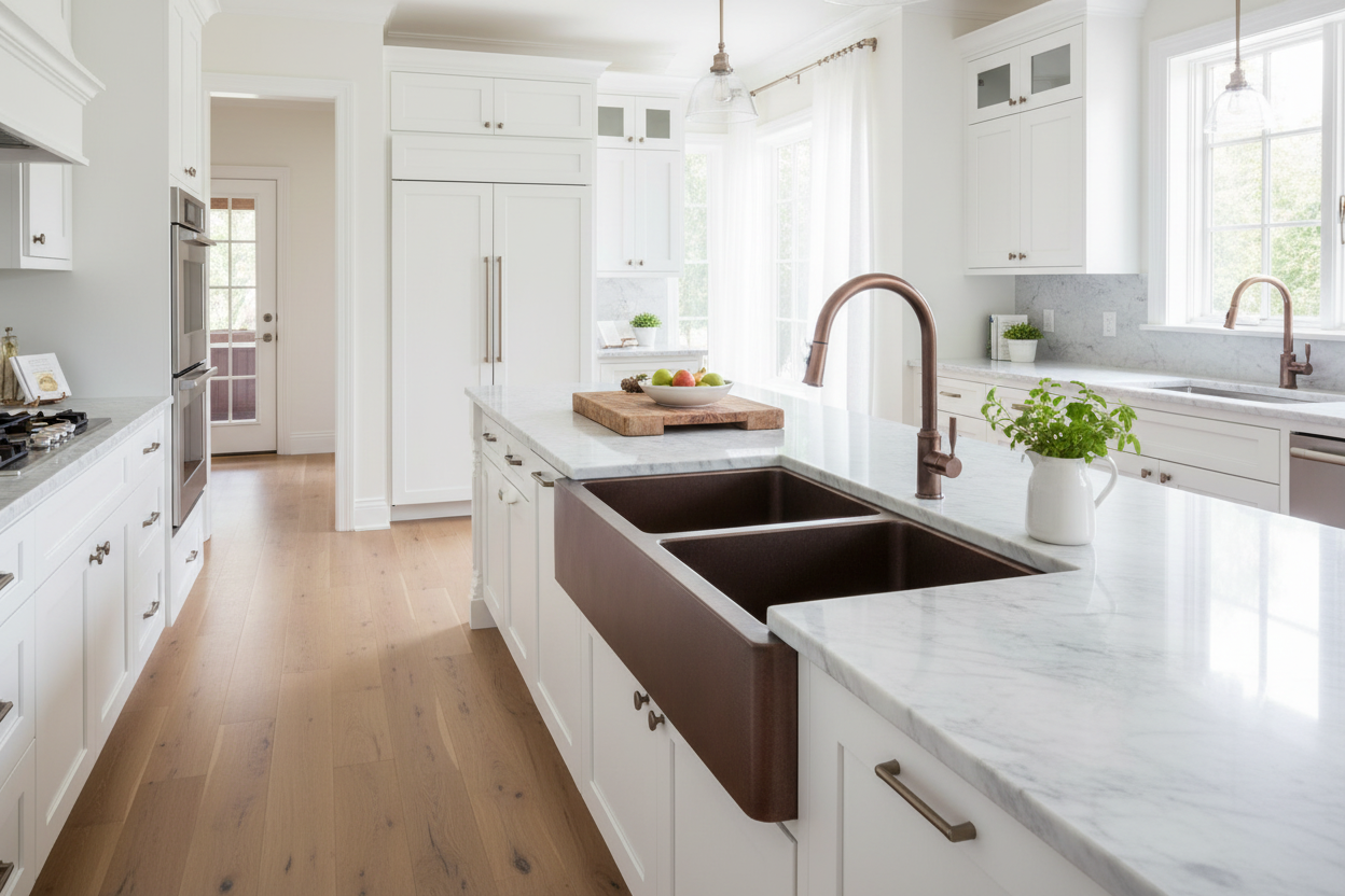 Copper double bowl apron sink wide lifestyle kitchen shot