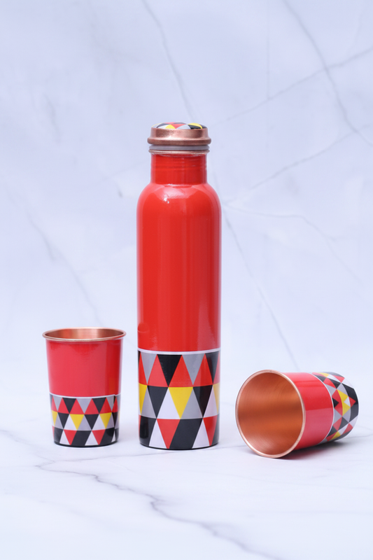 Red Triangle Copper Bottle 2 Glasses Set - upright white marble