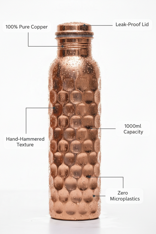 100% Pure Certified Copper Water Bottle – Heavy Brick Hammered / Honeycomb Design 1000ml