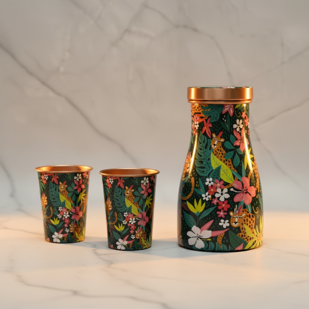 Printed Pure Copper Bedside Jar with 2 Glasses — 1000ml Gift Set
