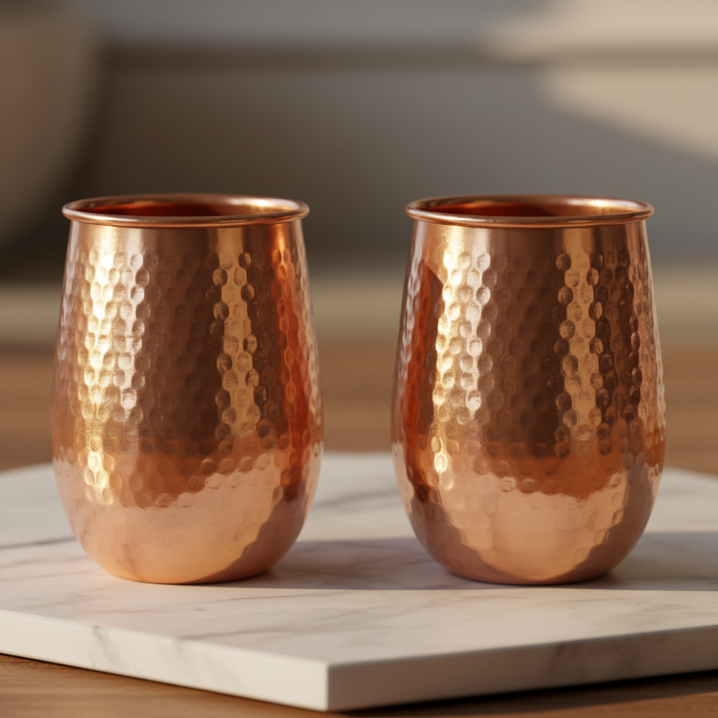 Pure Copper Rolled Rim Tumbler Set of 2 | 400ml Hammered Ayurvedic Glasses