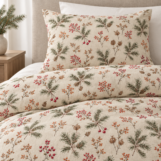Winter Pine & Berry 100% Cotton Duvet Cover Set with 2 Shams