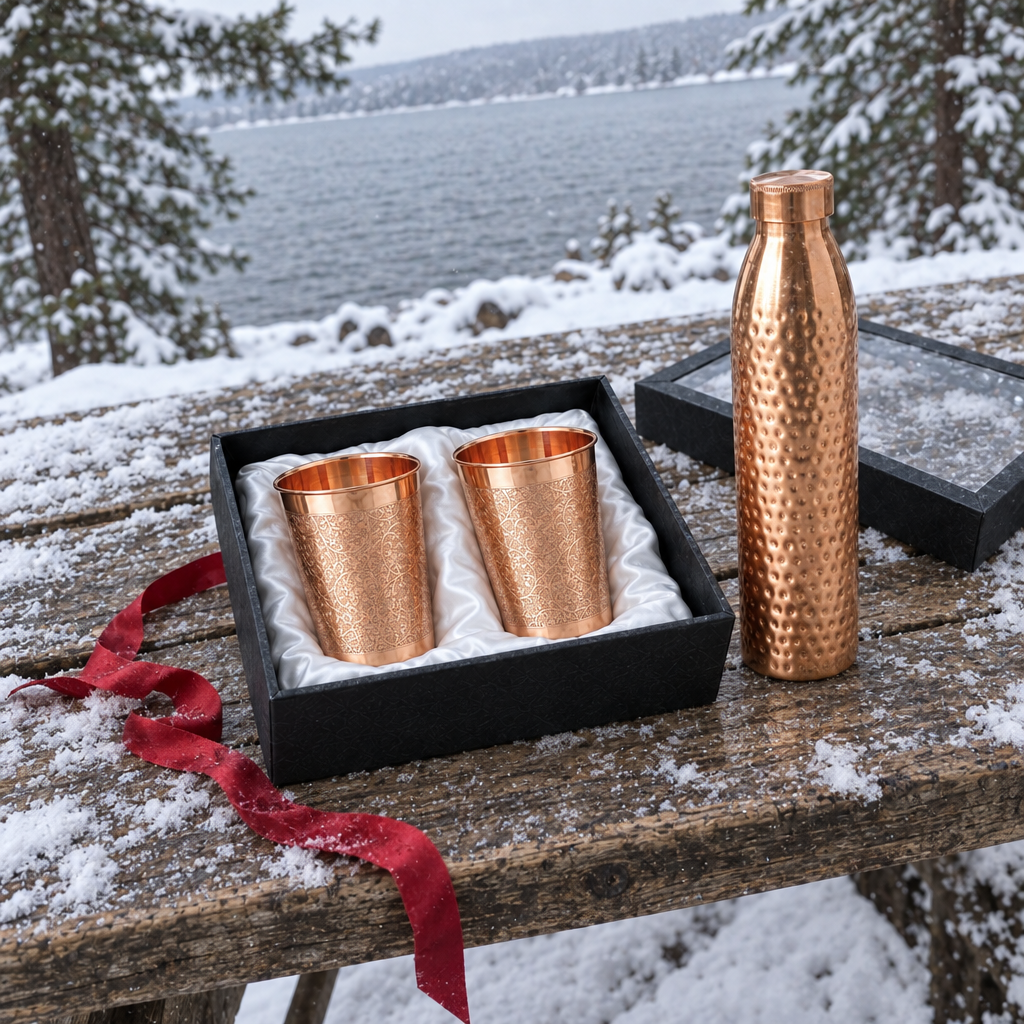 Nordic Copper Christmas Gift Set | Hammered 1L Bottle & Floral Engraved Tumblers