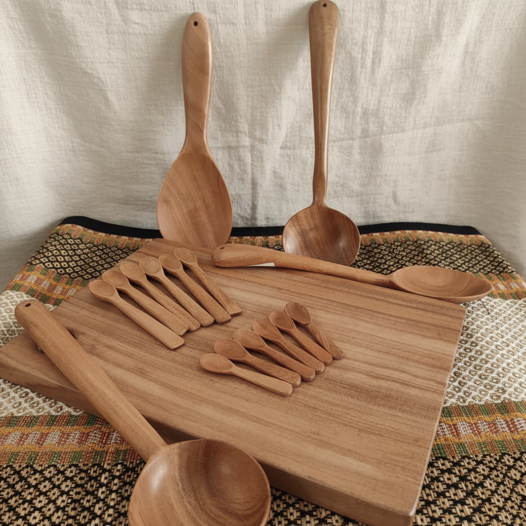 Neem Wood Kitchen Set – 11 Pieces | Chopping Board, Ladles & Spoons