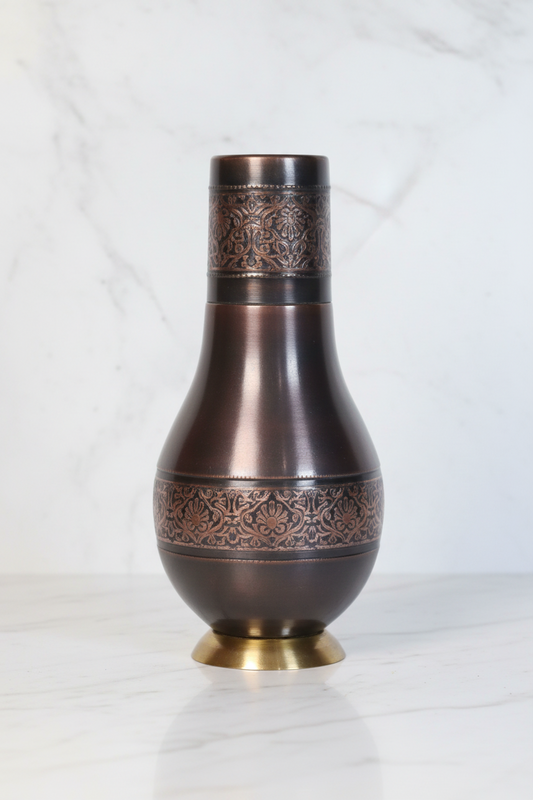 Pure Copper Modern Surahi Antique Engraving with Inbuilt Glass | 1000ml | Ayurvedic | Designed in Norway