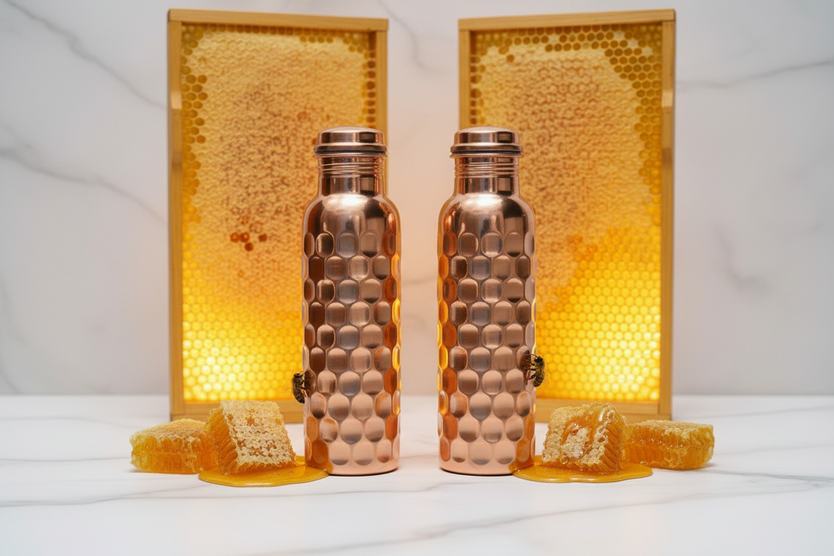 Honeycomb Design / Heavy Brick Hammered Pure Copper Water Bottle 1000ml