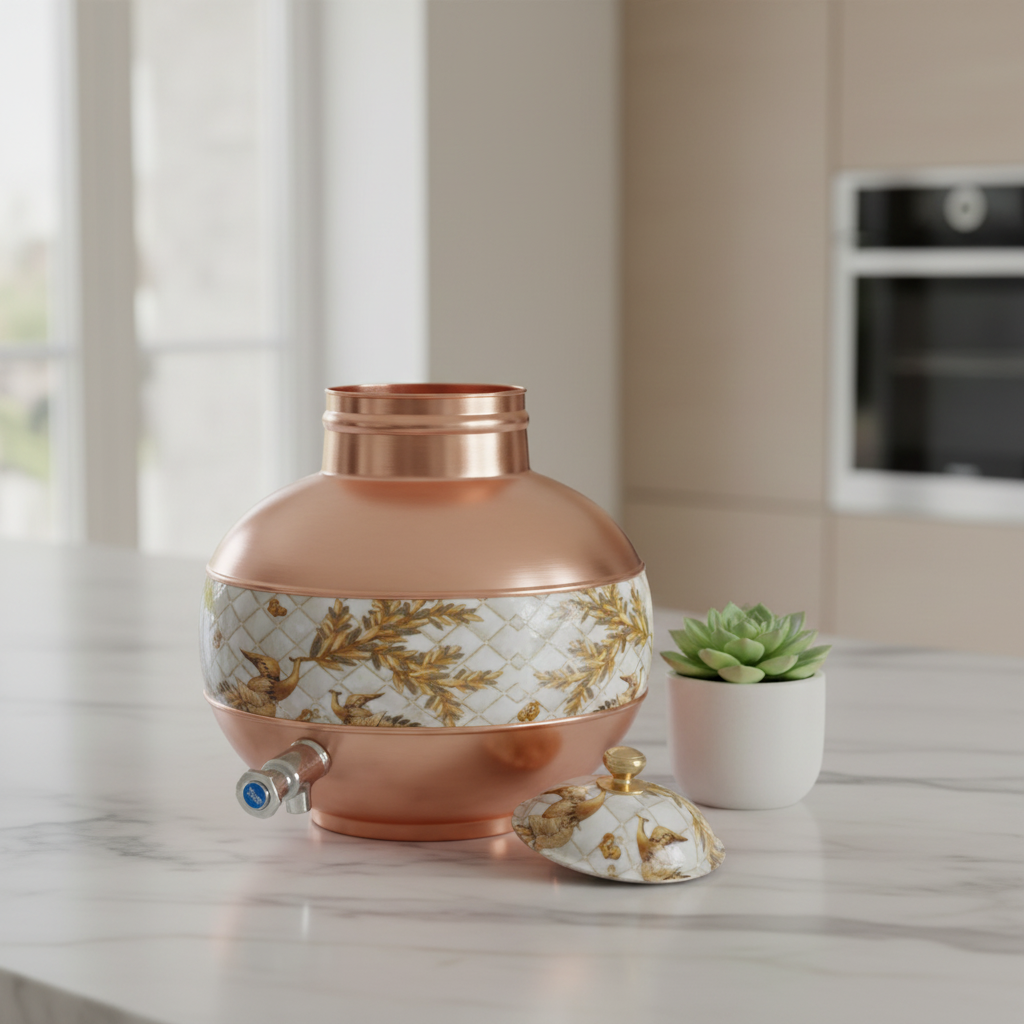 Pure Copper Water Dispenser Ghada Pot Half Enamel Design