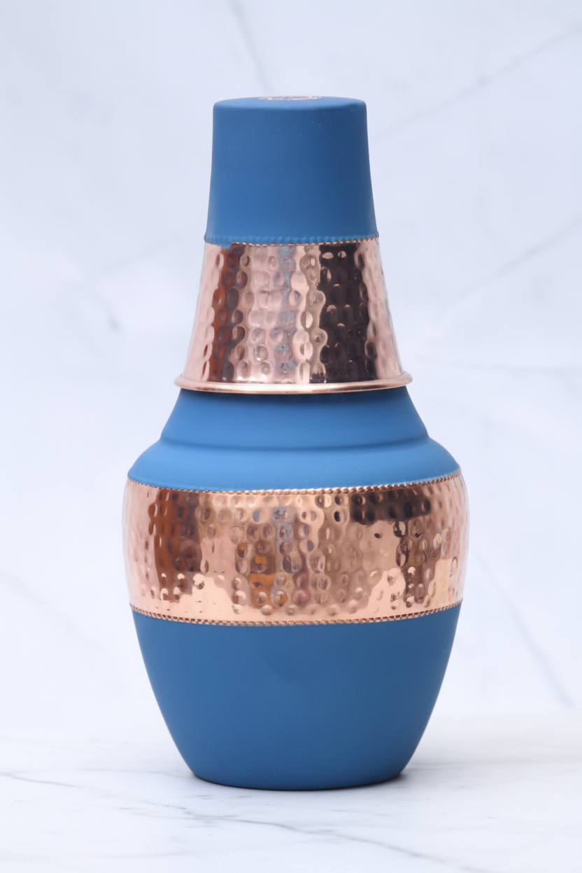 Pure Copper Silk Blue Venus Pot with Inbuilt Glass | 1400ml | Ayurvedic | Designed in Norway