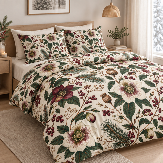 Winter Hellebore 100% Cotton Duvet Cover Set with 2 Shams