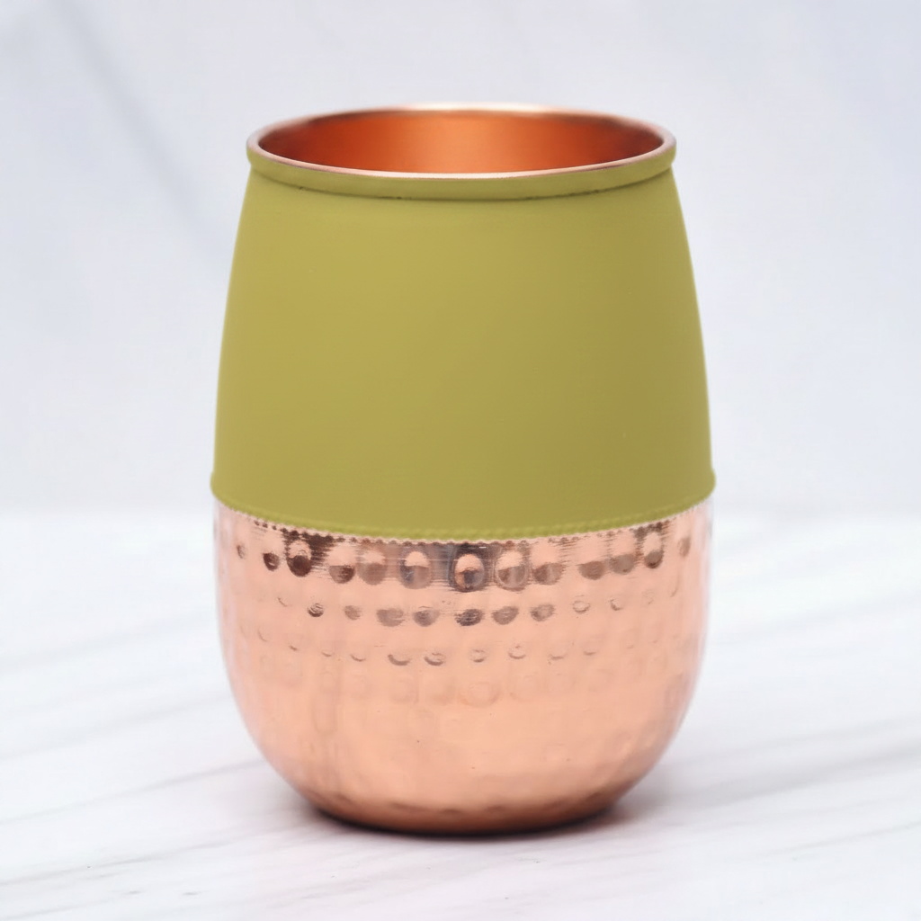 Pure Copper Silk Yellow Half Hammered Dholak Tumbler – Set of 2 | 250ml