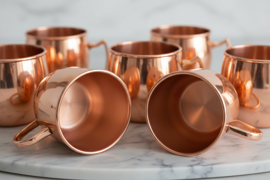 Pure copper Moscow Mule mugs on white marble surface — Face of Norway copper wellness products