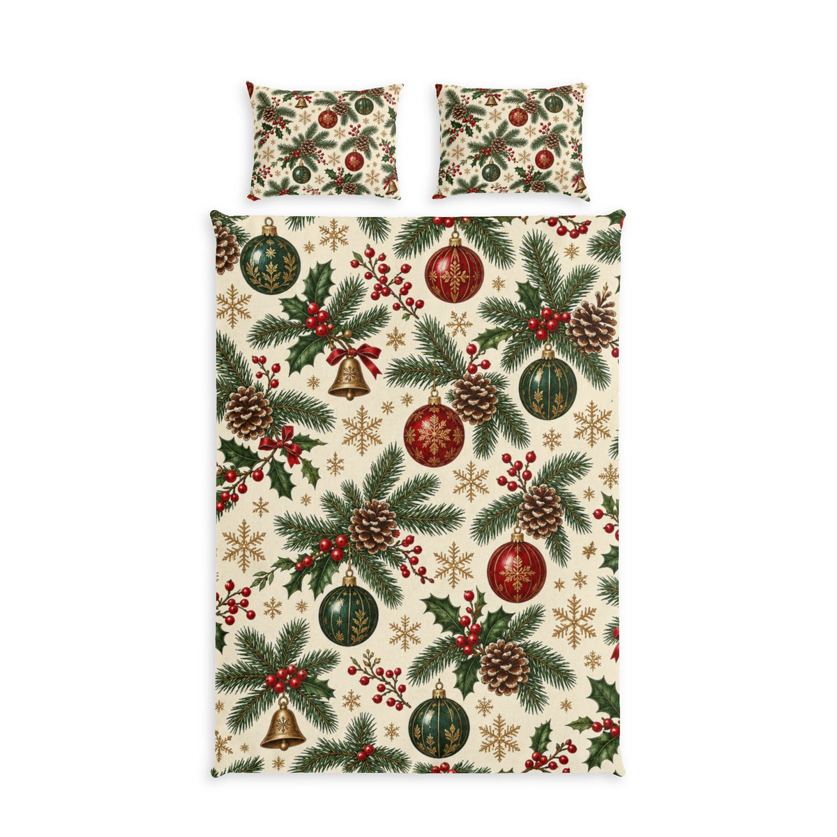 Christmas Pine & Ornaments 100% Cotton Duvet Cover Set with 2 Shams