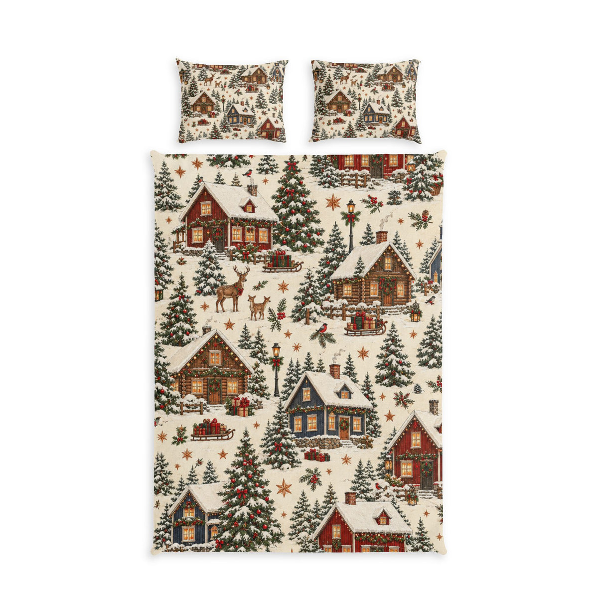 Christmas Cabin Village 100% Cotton Duvet Cover Set with 2 Shams