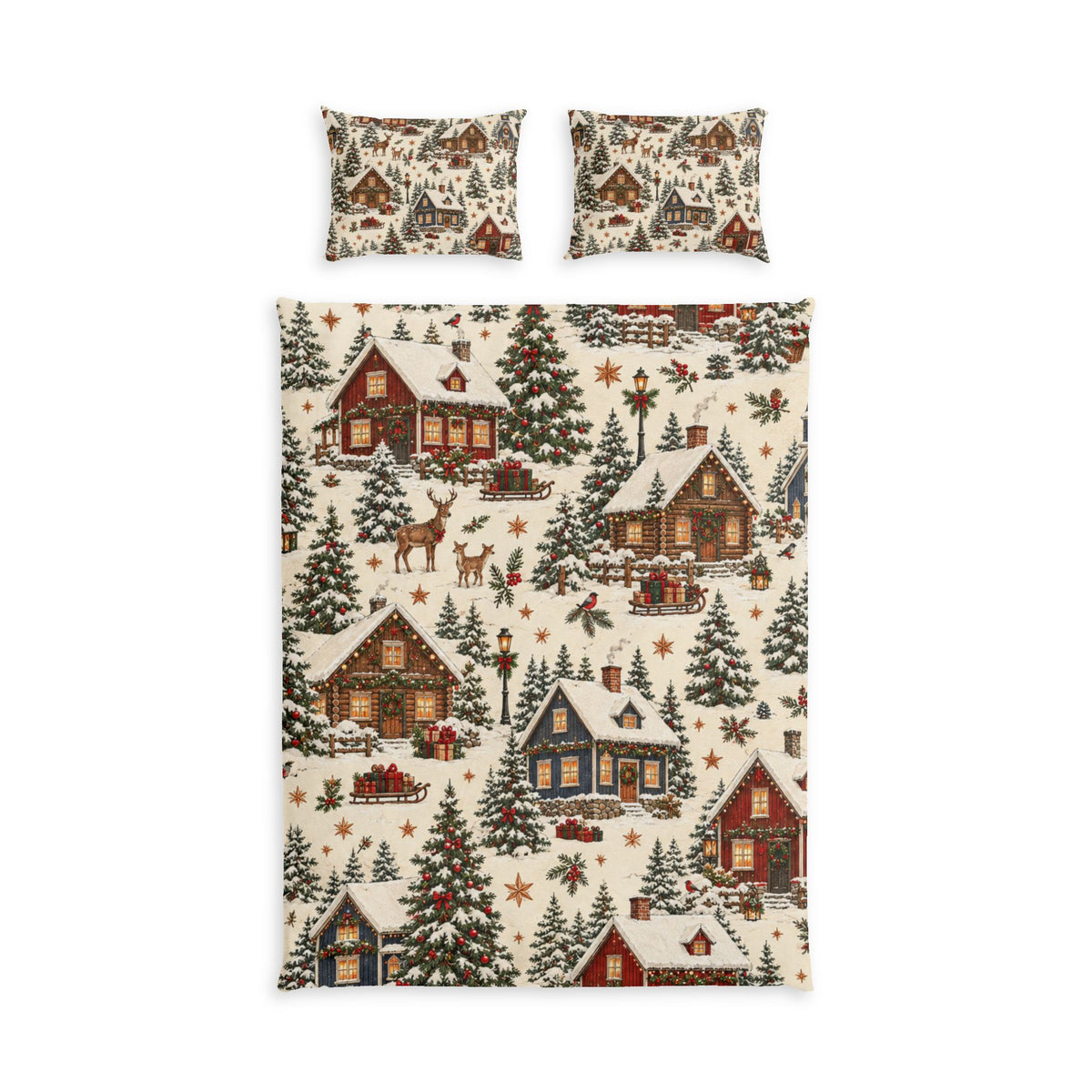 Christmas Cabin Village 100% Cotton Duvet Cover Set with 2 Shams