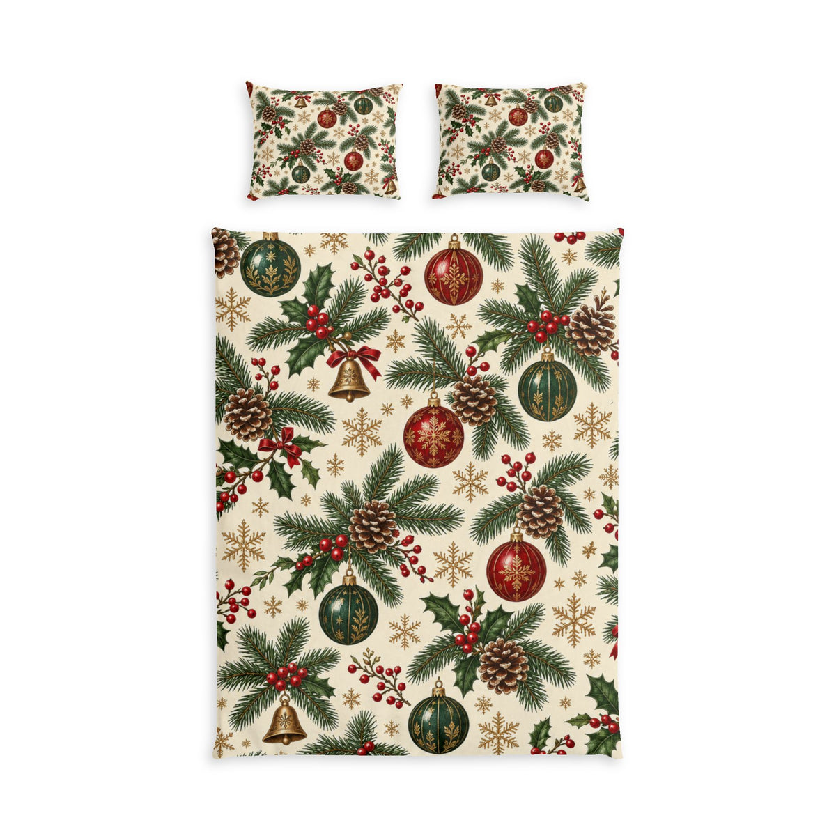 Christmas bedding set with pine branches, berries, pinecones and ornaments on an ivory background