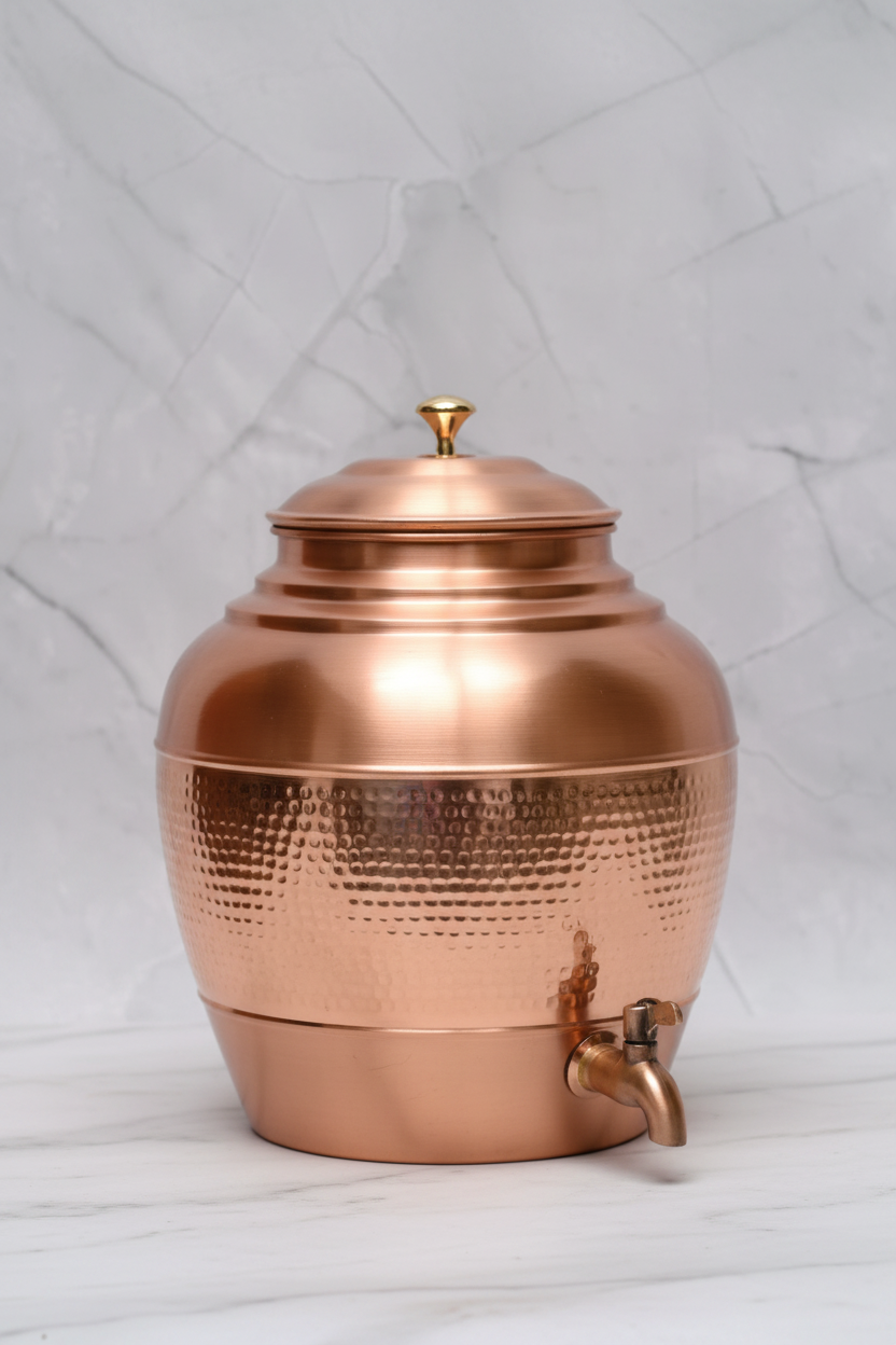 Pure Copper Round Half-Hammered Matka Dispenser 10L | Ayurvedic, Handcrafted