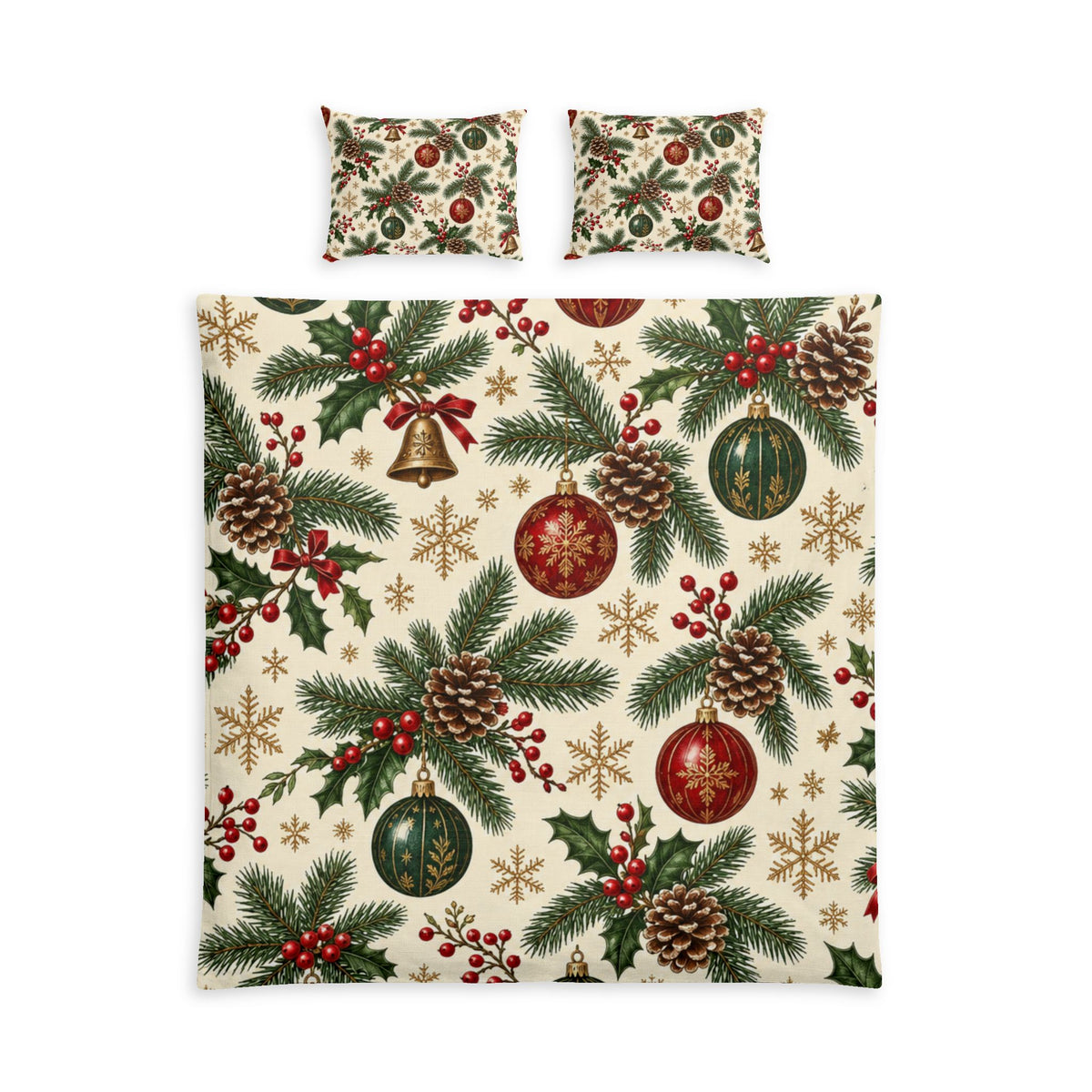 Christmas Pine & Ornaments 100% Cotton Duvet Cover Set with 2 Shams