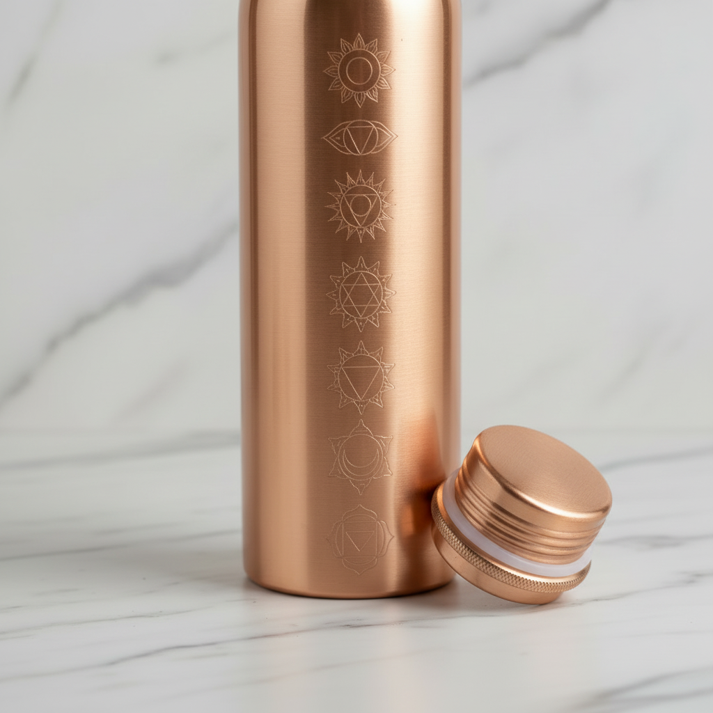 Vannflaske i rent kobber – 7 graverte chakraer 1000ml | Ayurvedisk Tamra Jal