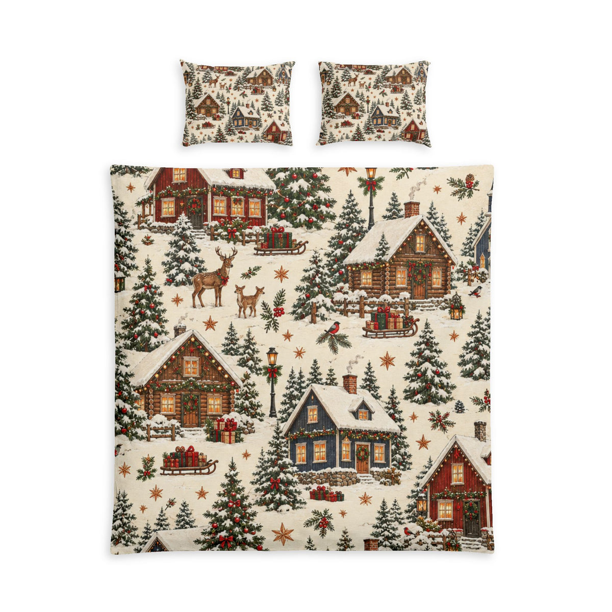 Christmas Cabin Village 100% Cotton Duvet Cover Set with 2 Shams