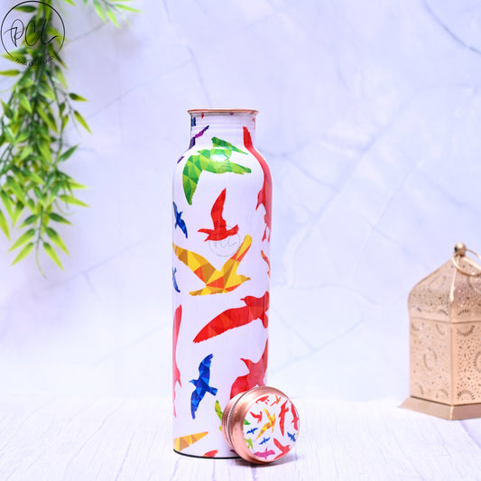 Pure Copper Water Bottle - Multi-Colored Birds Design 1L | Artistic & Antibacterial